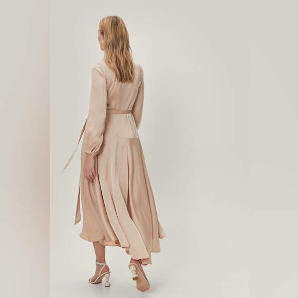 New NastyGal Champagne Satin Wrap Maxi Dress With V-Neckline - Picture 3 of 3